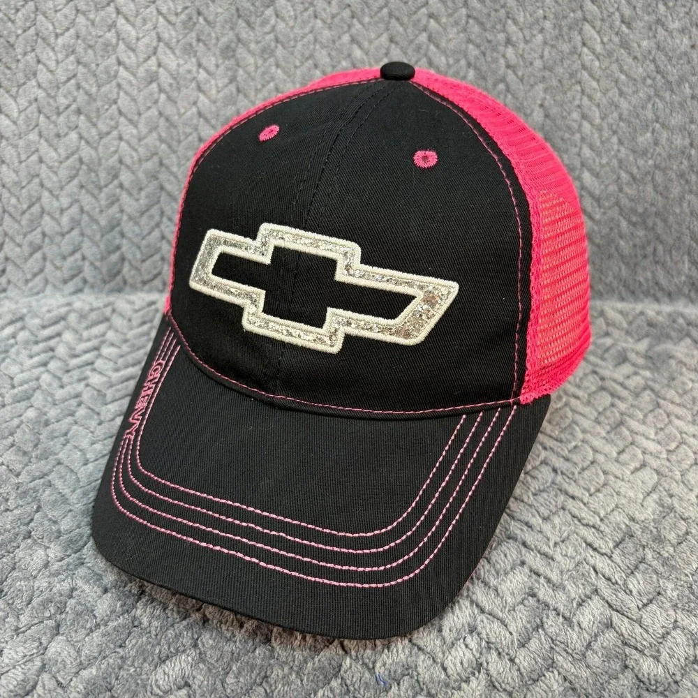 Chevy Trucker Hat Black Pink Glitter Bowtie Logo Mesh Back Cap OSFM